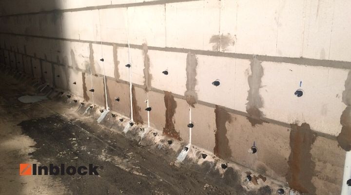 widok na zalany mur z fundamentowego bloczka sylikatowego