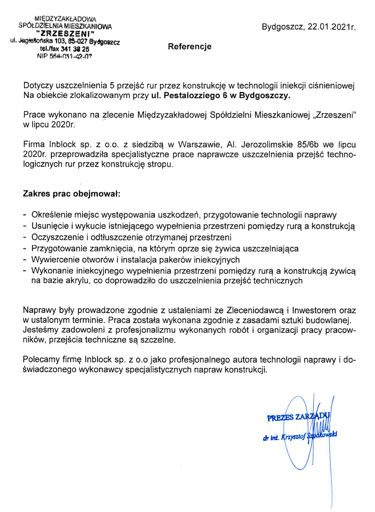 Referencje Inblock Międzyzakładowa Spółdzielnia Mieszkaniowa Zrzeszeni Bydgoszcz